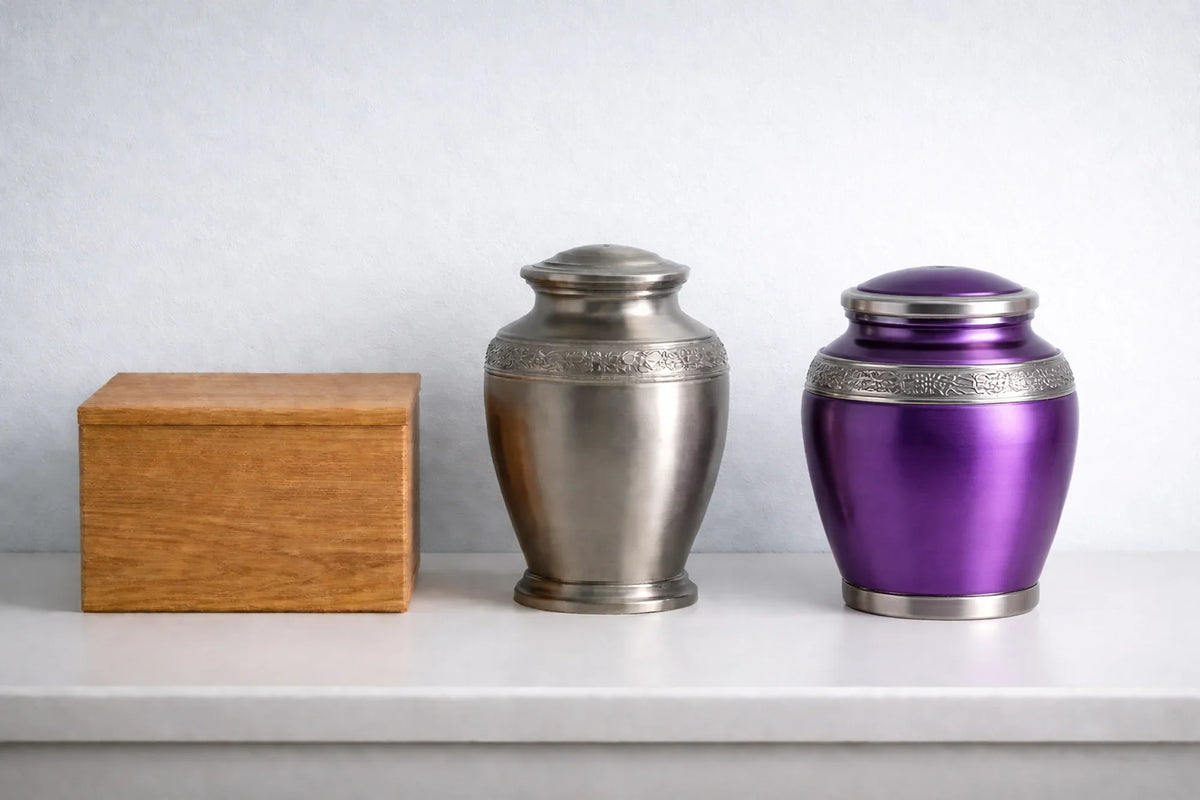 a wooden urn, brass urn, and alumnium urn