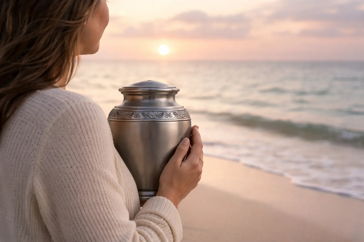 a woman holds an urn at a beach during sun rise