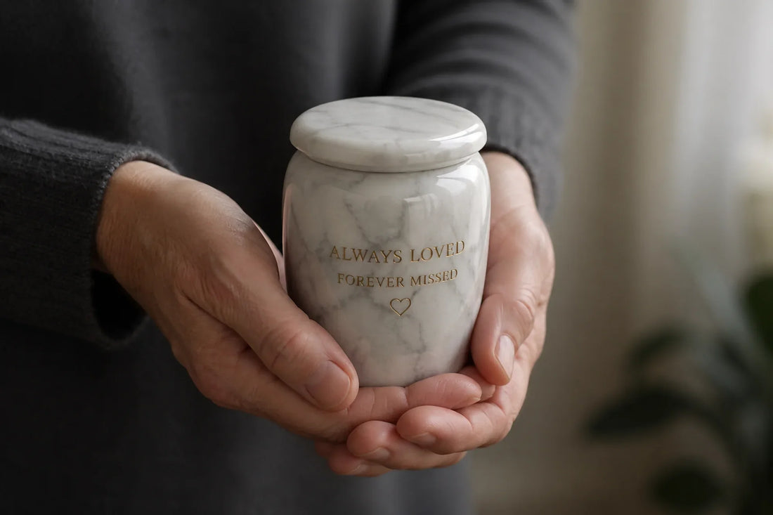 Hands gently holding a small white marble keepsake urn engraved with “Always Loved Forever Missed” and a small heart.