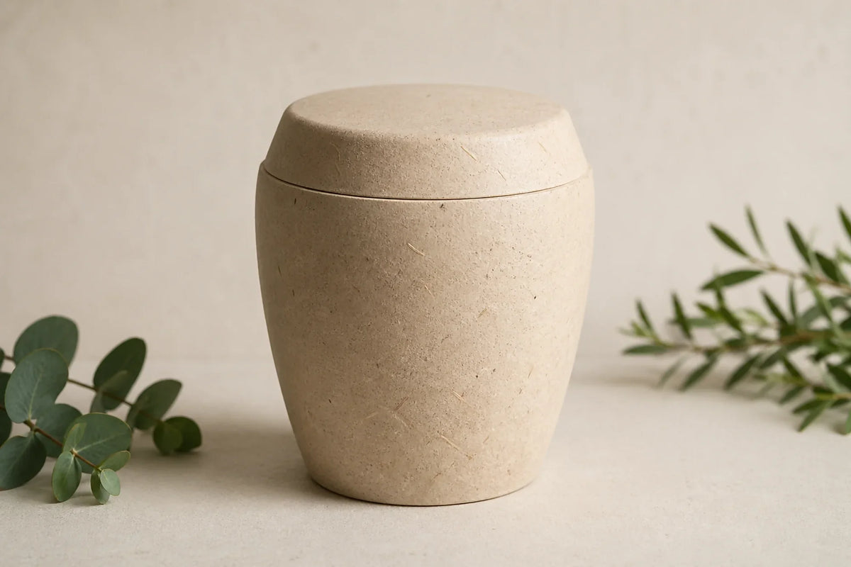 A biodegradable urn made of natural materials displayed on a neutral background with minimal greenery.