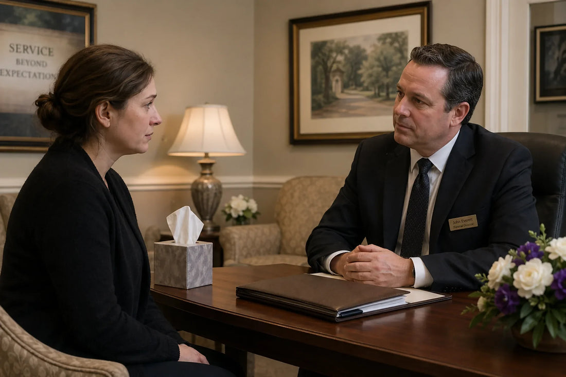 A funeral director in a suit sitting across a desk from a grieving woman, speaking with her in a calm, supportive office setting.