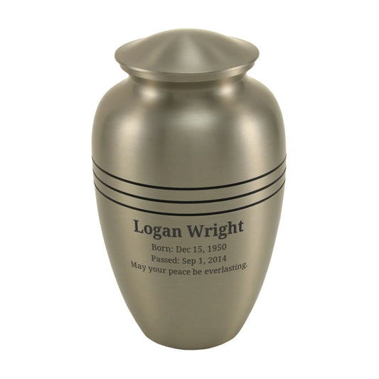 Pewter-finish brass cremation urn front view on white background, lid detail