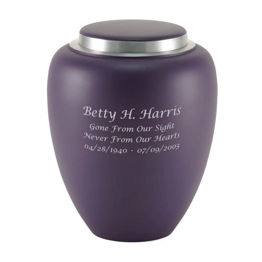 Amethyst-finish aluminum cremation urn front view on white background