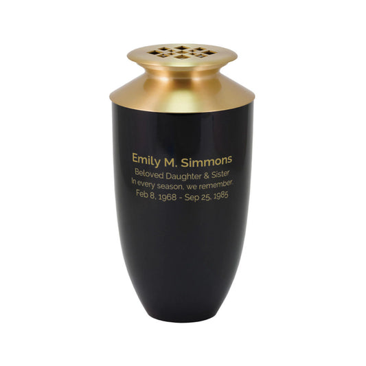 Onyx-finish aluminum and brass tall cylindrical scattering urn with diamond pattern upright on white background