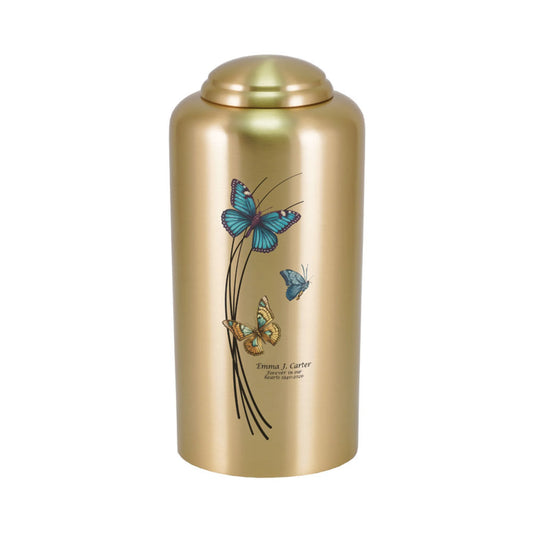 Bronze-finish brass cremation urn with butterfly artwork front view on white background