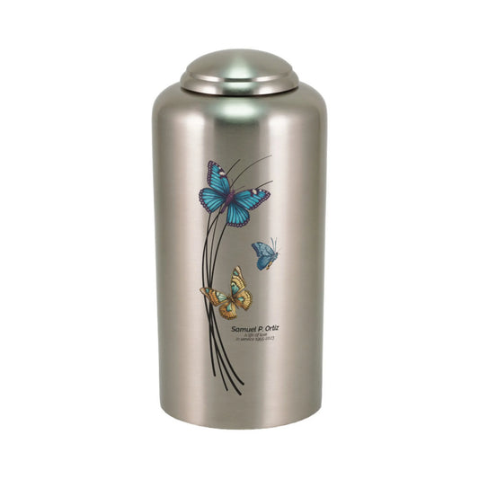 Pewter-finish brass cremation urn with butterfly artwork front view on white background