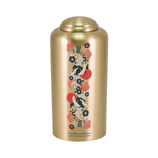 Bronze-finish brass cremation urn with crane birds front view on white background