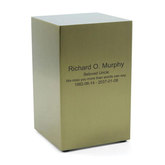 Bronze-finish stainless steel memorial box urn front view on white background