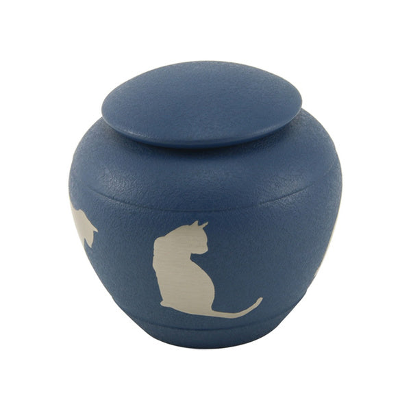 Dark blue textured pet urn with a matching lid featuring a silver sitting cat silhouette design
