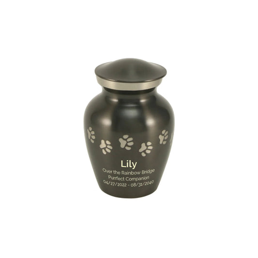 Slate-finish brass cremation urn with paw print accents front view on white background, lid detail