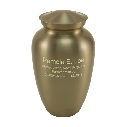 Bronze-finish stainless steel cremation urn front view on white background