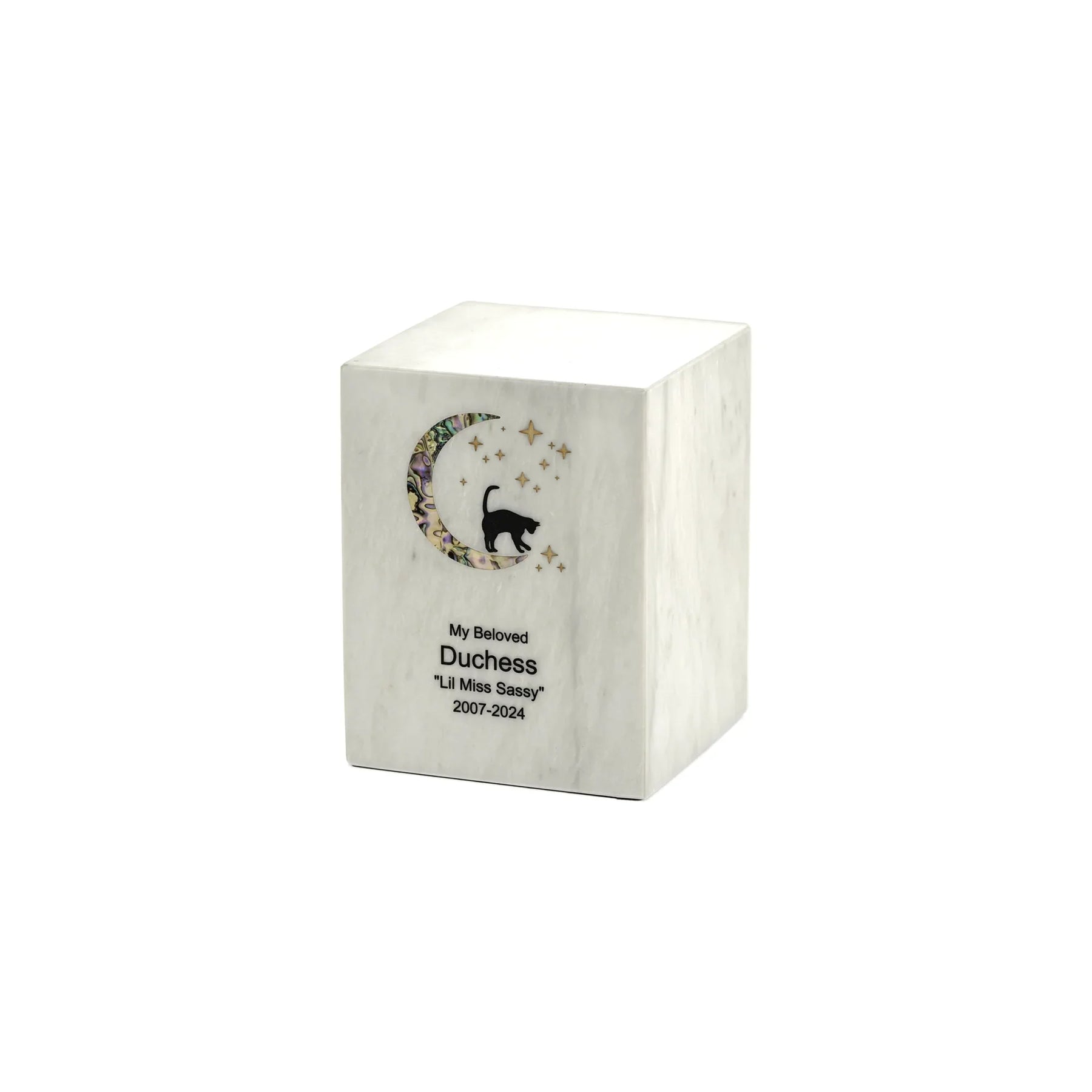 Monumental Memorials Cat & Moon Pink Inlay White, Medium Urn