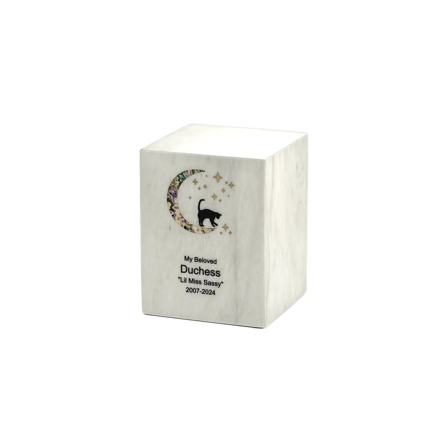 Monumental Memorials Cat & Moon Pink Inlay White, Medium Urn
