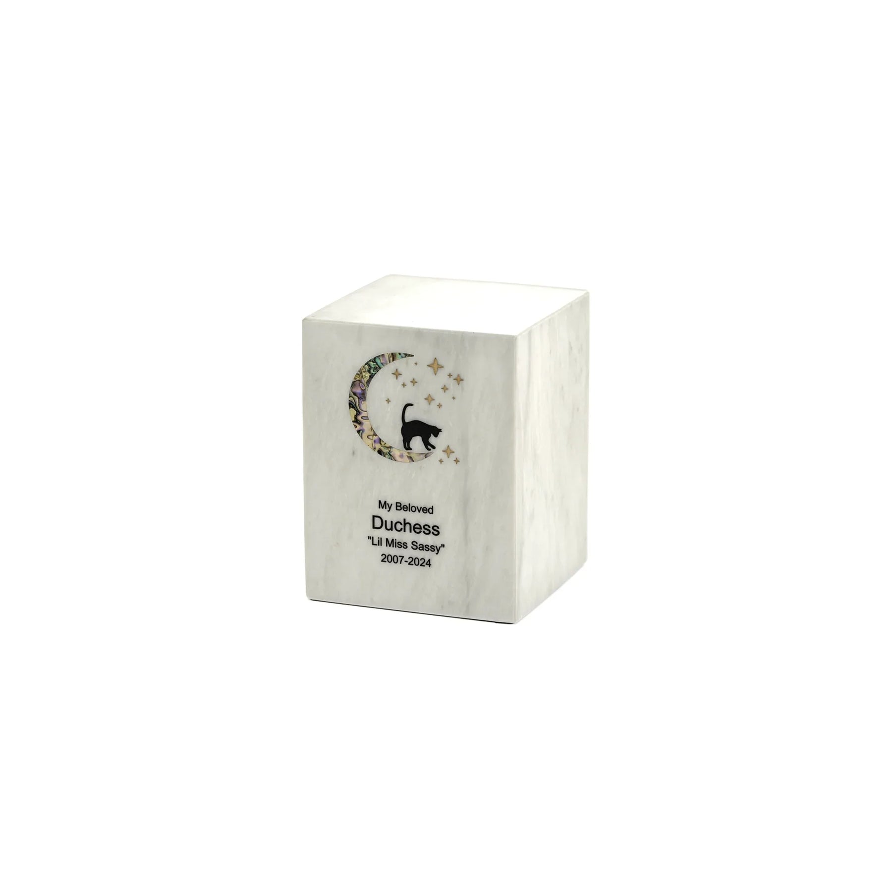 Monumental Memorials Cat & Moon Pink Inlay White, Small Urn