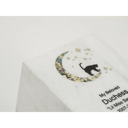 Monumental Memorials Cat & Moon Pink Inlay White, Extra Small Urn