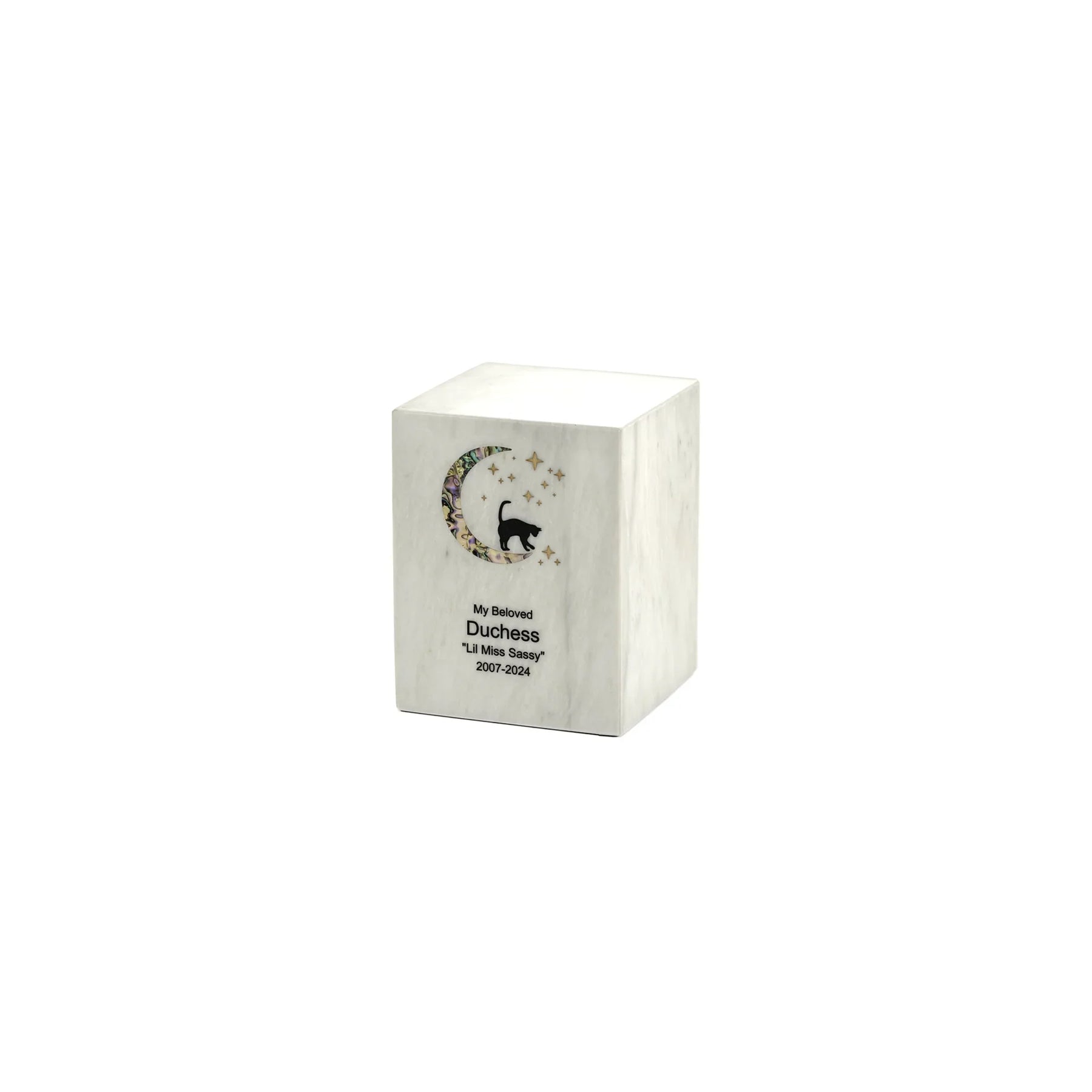 Monumental Memorials Cat & Moon Pink Inlay White, Extra Small Urn