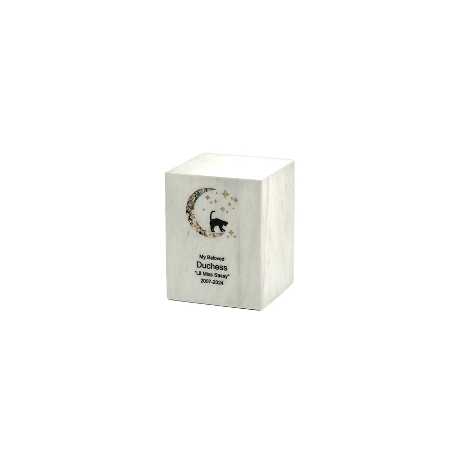 Monumental Memorials Cat & Moon Pink Inlay White, Extra Small Urn