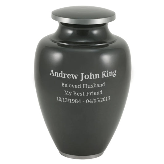 Carbon gray-finish aluminum cremation urn front view on white background