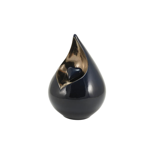 Cobalt ceramic teardrop-shaped cremation urn front view on white background