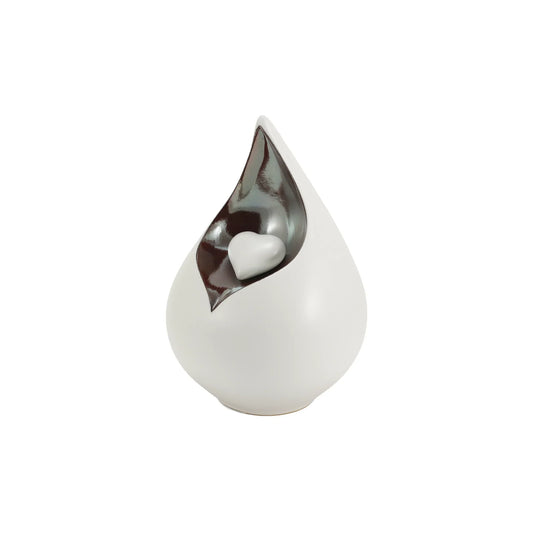 White ceramic teardrop-shaped cremation urn front view on white background