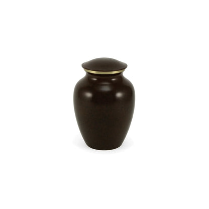 A classic dark brown speckled cremation urn featuring a distinct golden band around its tapered neck displayed on a clean white background