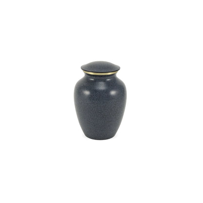 A dark grey speckled metal cremation urn with a classic curved shape and a distinctive gold band around its lid
