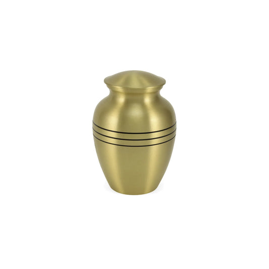 Metal urn with a brushed gold finish in a curved design, featuring a domed lid and three black horizontal accent bands