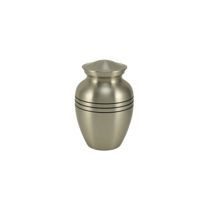 Metal cremation urn featuring a brushed nickel finish, an elegant classic shape, and three thin horizontal black accent bands