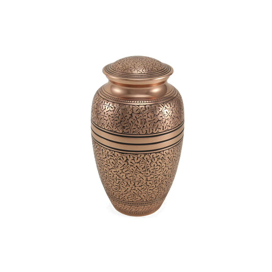 Oak-finish brass cremation urn front view on white background