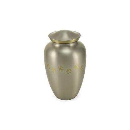 Satin silver pet urn with an elegant tapered design a gold accent band and a charming encircling gold paw print motif