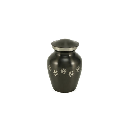 A gunmetal grey metallic pet urn featuring a shiny silver band and engraved silver paw prints