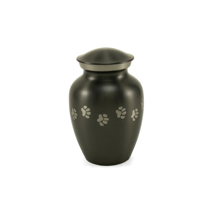 Metal pet cremation urn in dark charcoal with a domed lid, metallic silver band, and light grey paw print designs on a white background