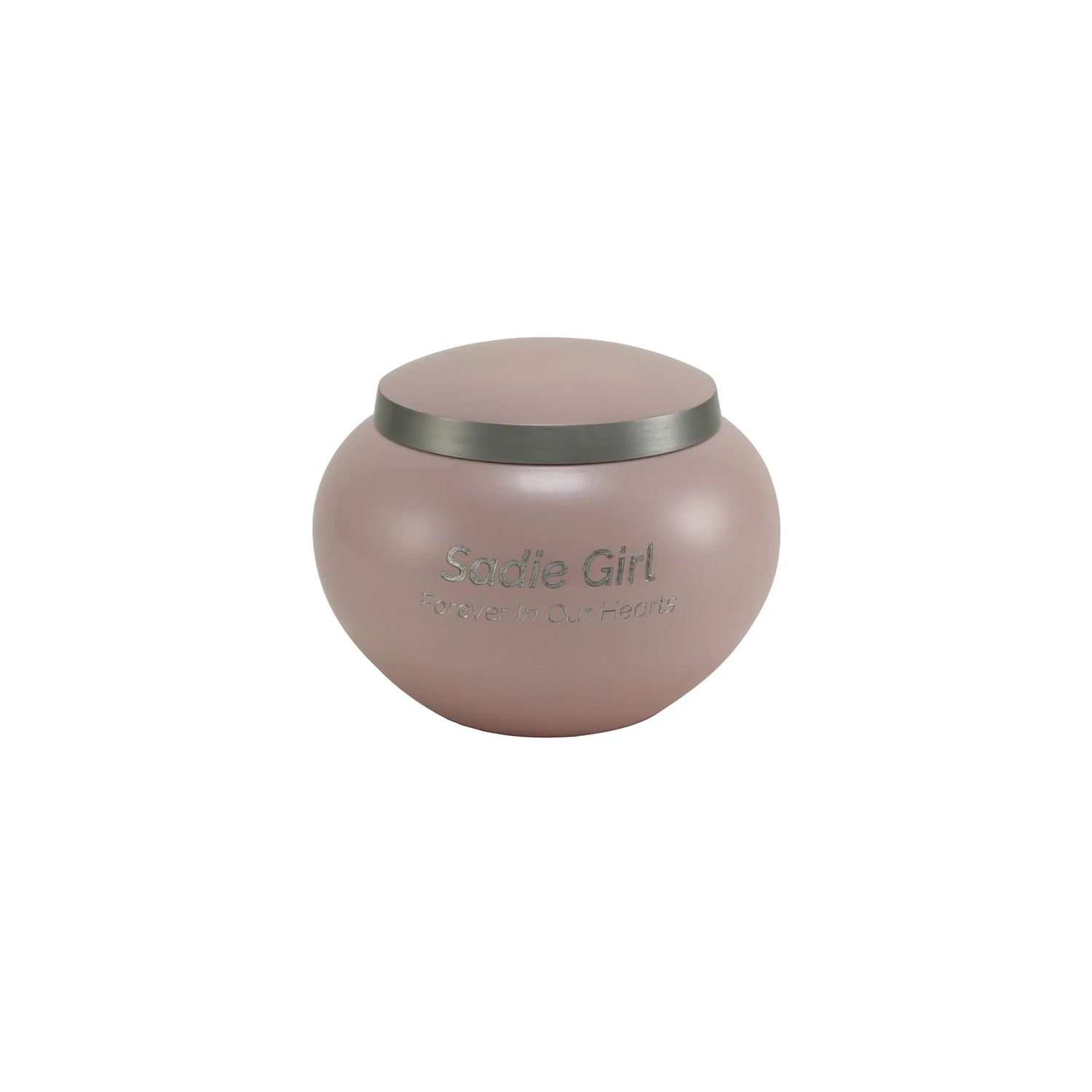 Blush pink rounded pet urn with a silver lid and engraved text Sadie Girl Forever In Our Hearts