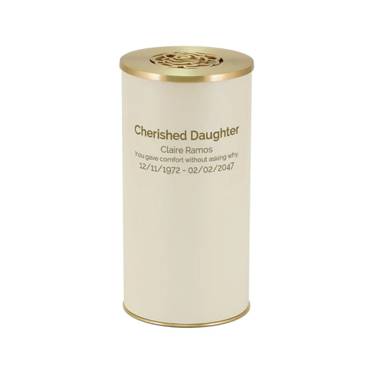 Ivory-finish stainless steel tall cylindrical scattering urn with rose design upright on white background