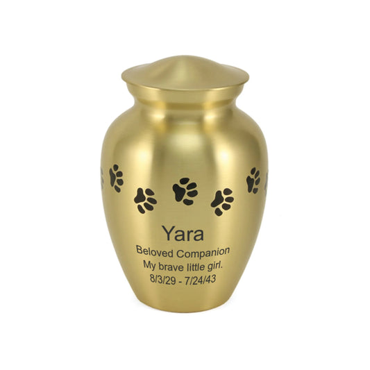 Bronze-finish brass cremation urn with paw print accents front view on white background, straight front view