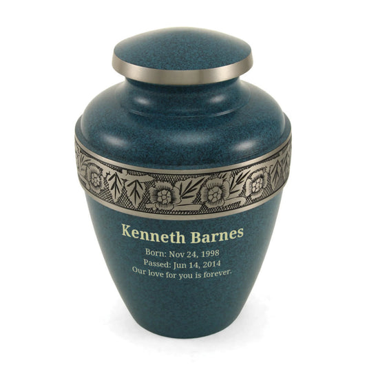 Blue-finish brass cremation urn front view on white background, full front view