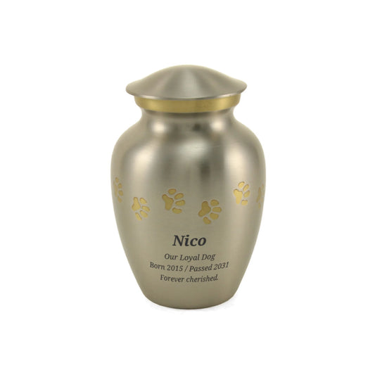 Pewter-finish brass cremation urn with paw print accents front view on white background, full front view
