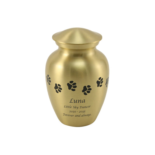 Bronze-finish brass cremation urn with paw print accents front view on white background, full front view