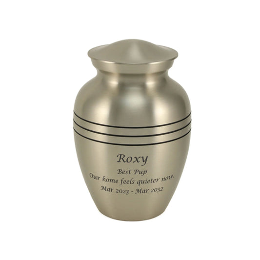Pewter-finish brass cremation urn front view on white background with close view of the finish