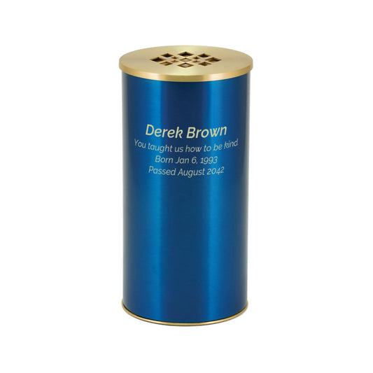 Blue-finish stainless steel tall cylindrical scattering urn with diamond pattern upright on white background