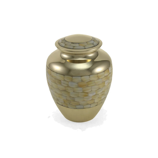 Pearlized brass cremation urn front view on white background, full front view