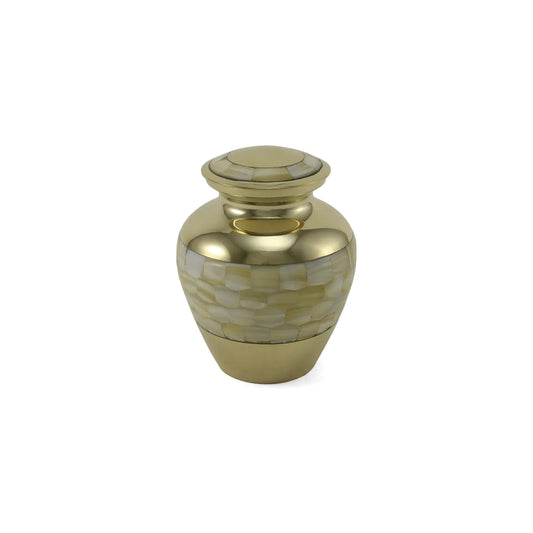 Brass and mother-of-pearl urn featuring a polished golden finish with iridescent mother-of-pearl mosaic pattern on its