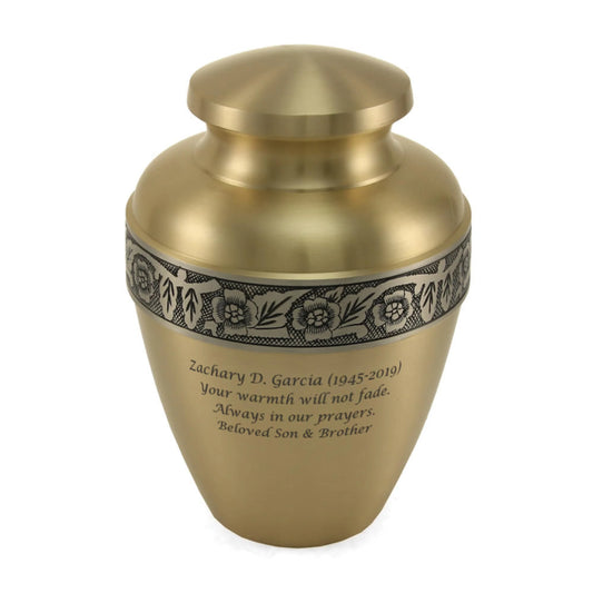 Bronze-finish brass cremation urn front view on white background, full front view