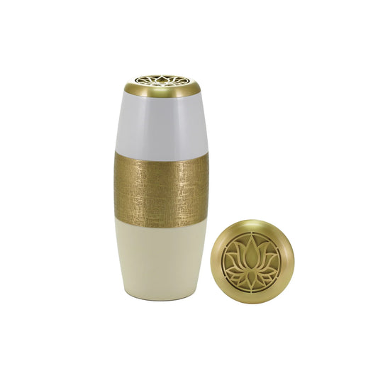 Bronze-finish brass tall cylindrical scattering urn with lotus motif upright on white background