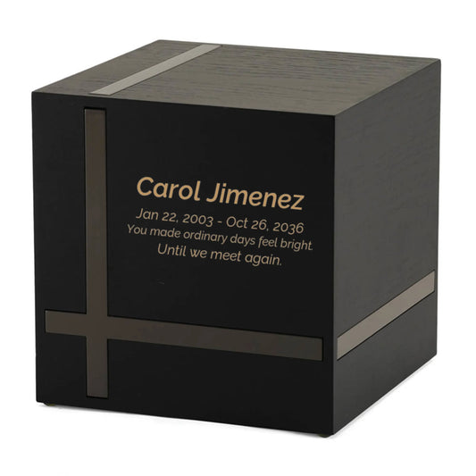 Wood-look MDF cremation urn front view on white background, full front view