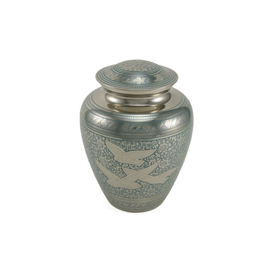 Brass cremation urn front view on white background, base detail
