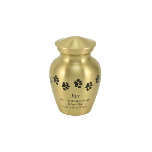 Bronze-finish brass cremation urn with paw print accents front view on white background, lid detail
