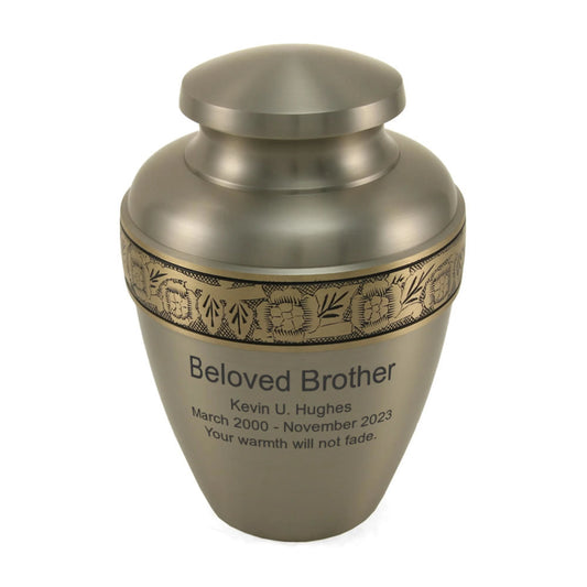 Pewter-finish brass cremation urn front view on white background, full front view