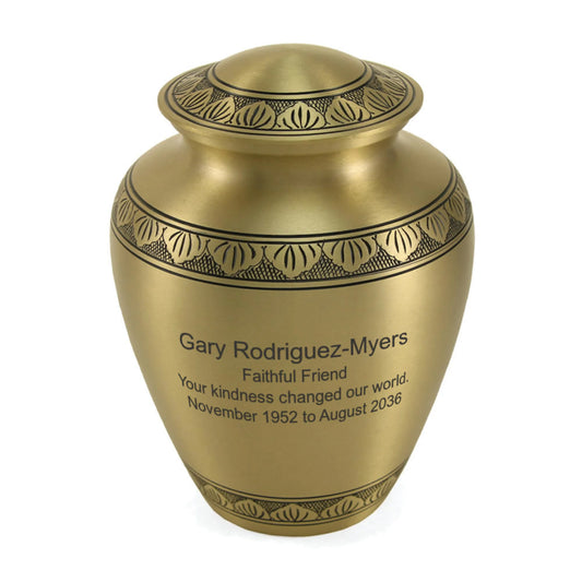 Bronze-finish brass cremation urn front view on white background, straight front view