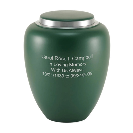 Emerald-finish aluminum cremation urn front view on white background
